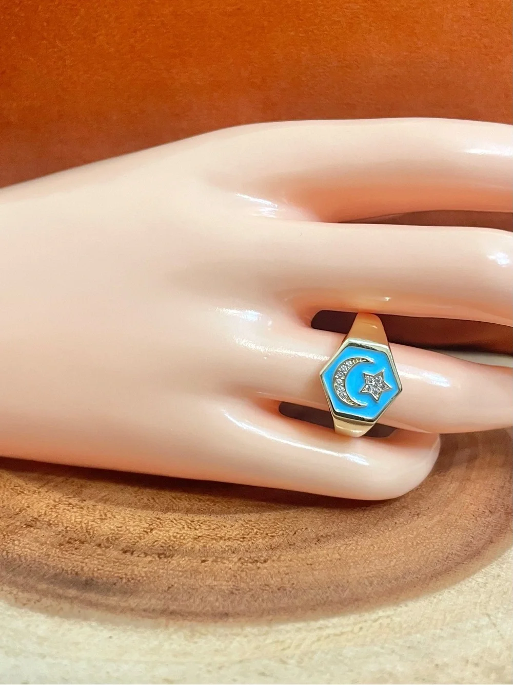 Turquoise Enamel and CZ Moon and Star Gold Filled Adjustable Ring NWOT